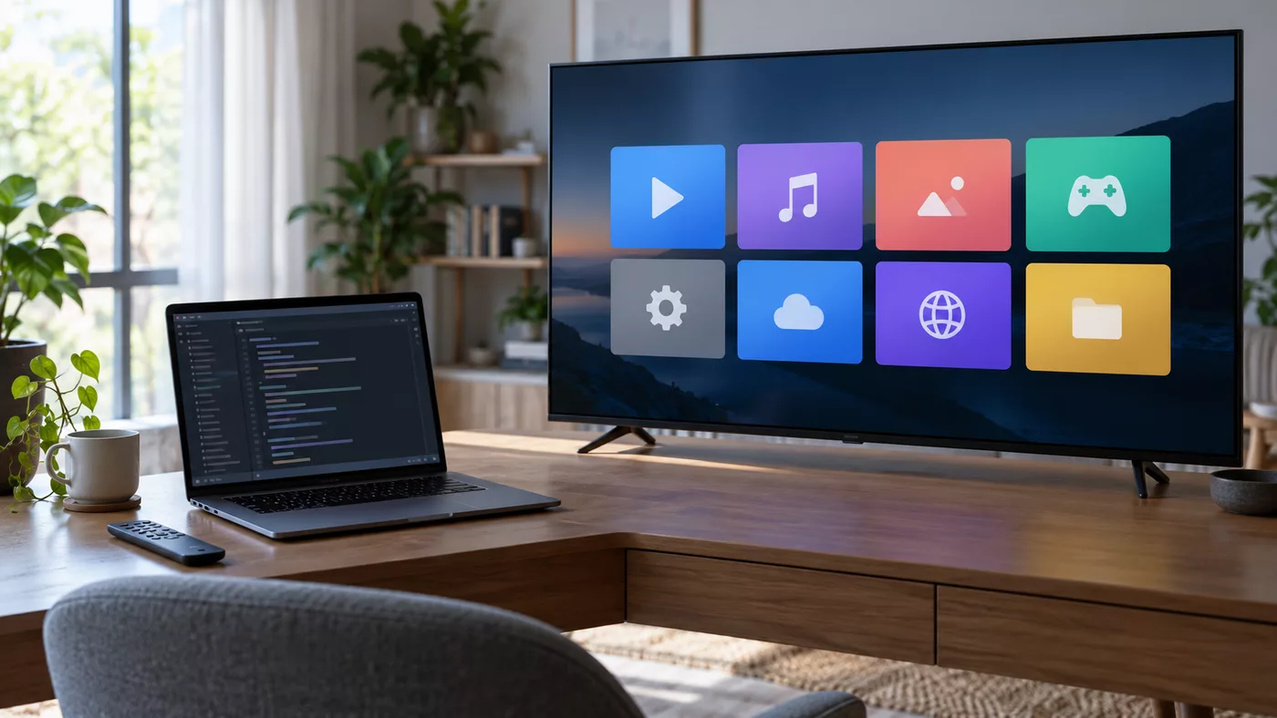 Unbranded smart TV, laptop and remote on a home desk, representing owner-reviewed TV customization
