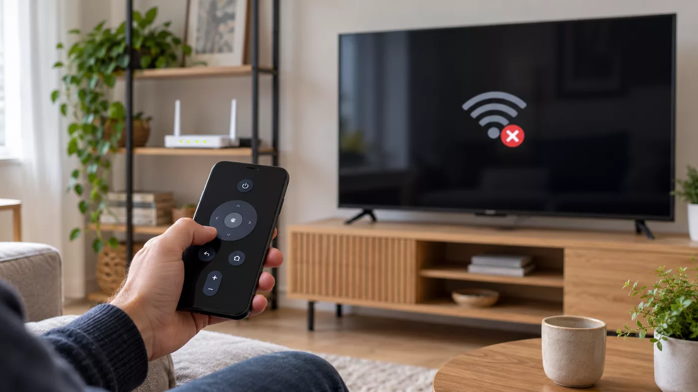 Illustration of a phone remote, home router and TV with a Wi-Fi connection error